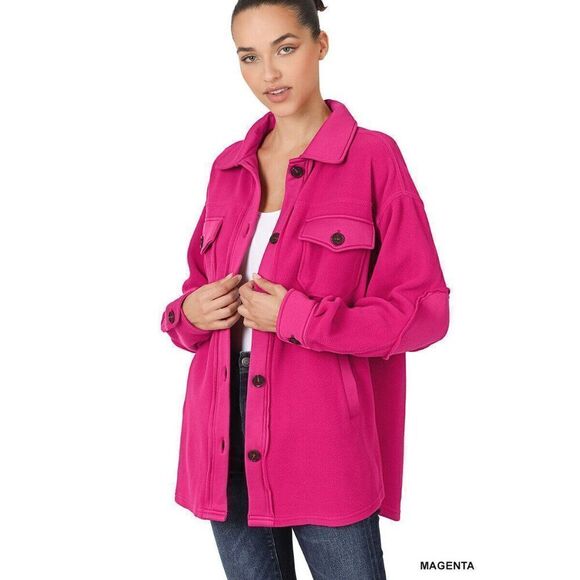 Zenana Outfitters Sweaters - Zenana Oversized Fleece Shacket Button Up Pockets Magenta Pink S-L QJ-4000Y